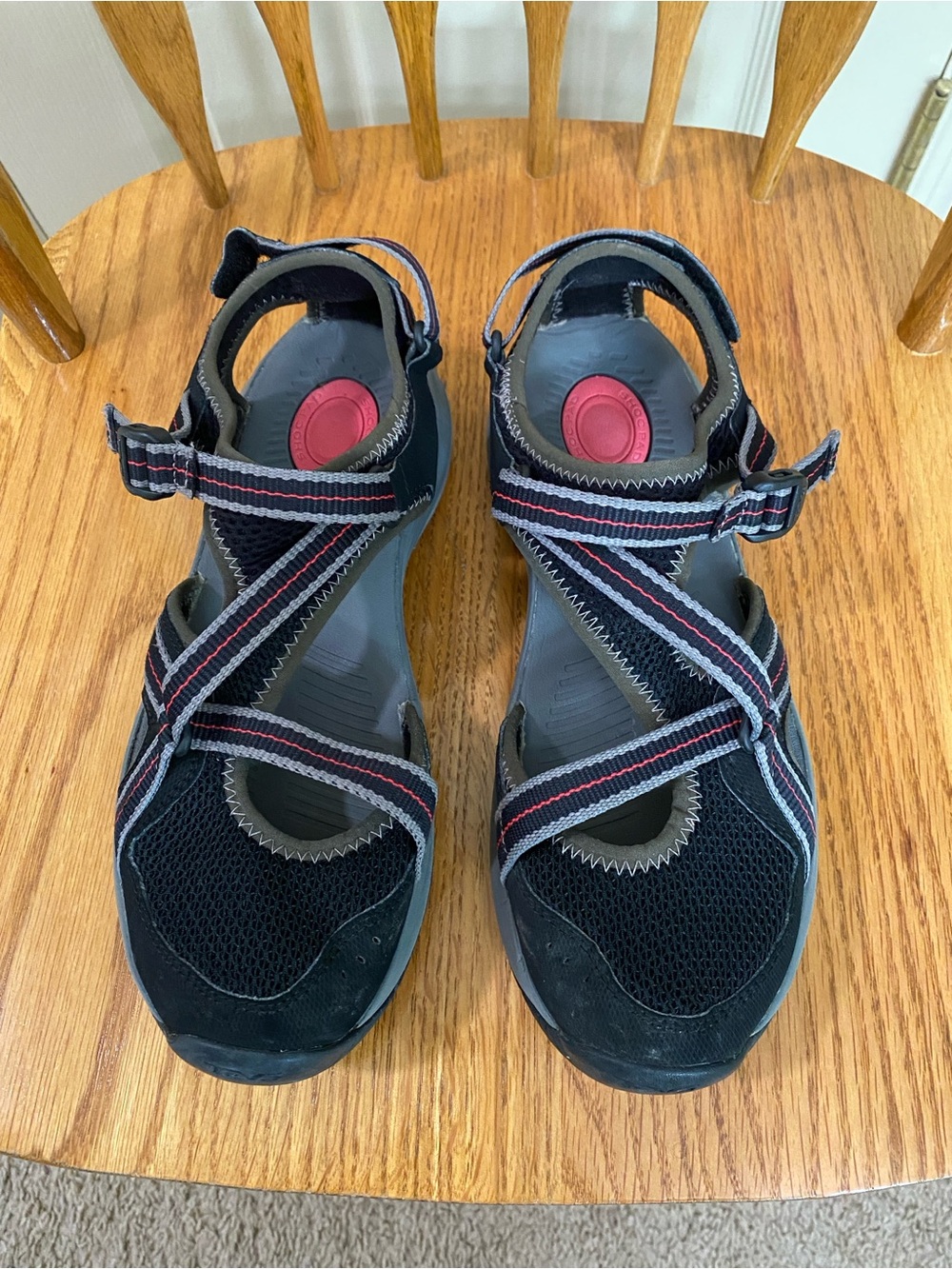 Teva Black Sandals with Red and Gray Stripes